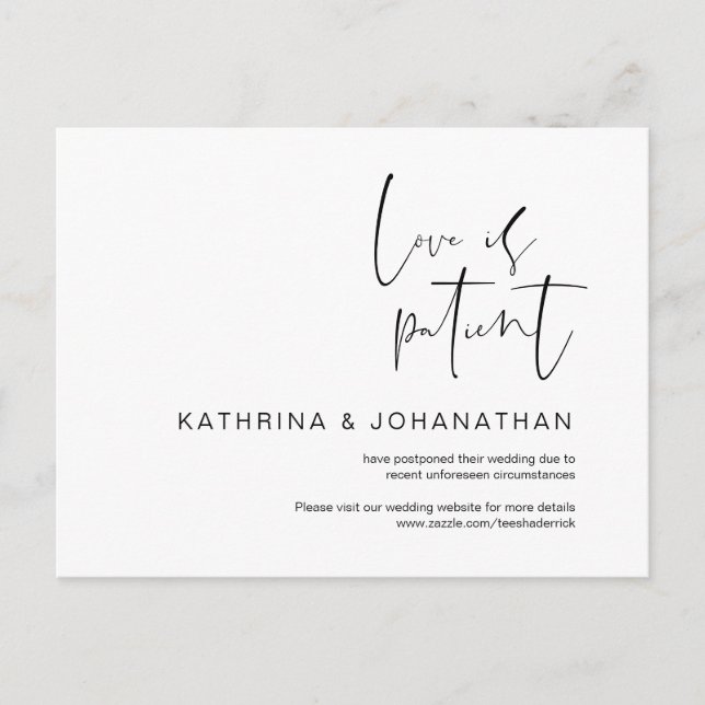 Liebe ist geduldig, Minimalismus Hochzeit verzöger Postkarte (Vorderseite)