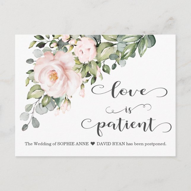 Liebe ist geduldig rosa Blume Hochzeit verschoben Postkarte (Vorderseite)