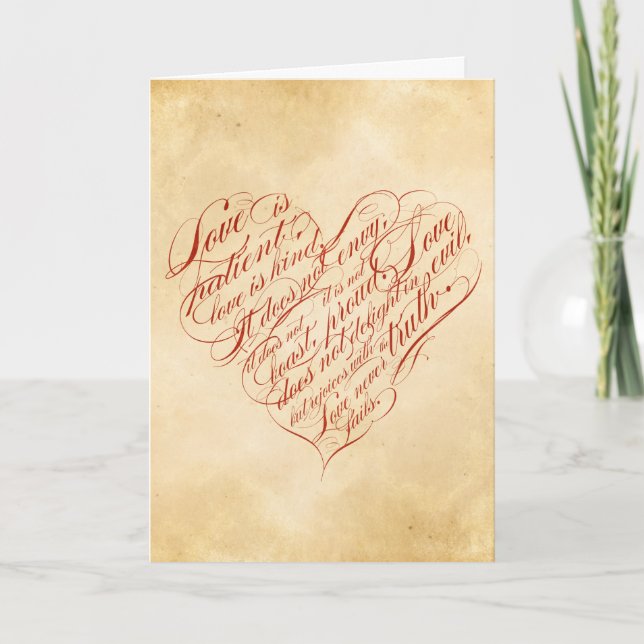 Liebe ist geduldig... Rotes kalligrafisches Herz Karte (Vorderseite)