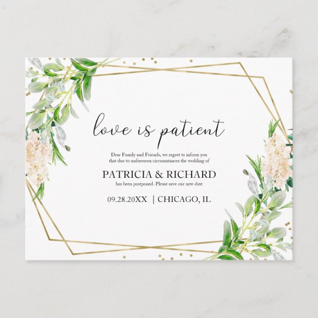 Liebe ist geduldiges Grün neues Datum Hochzeit Postkarte (Vorderseite)