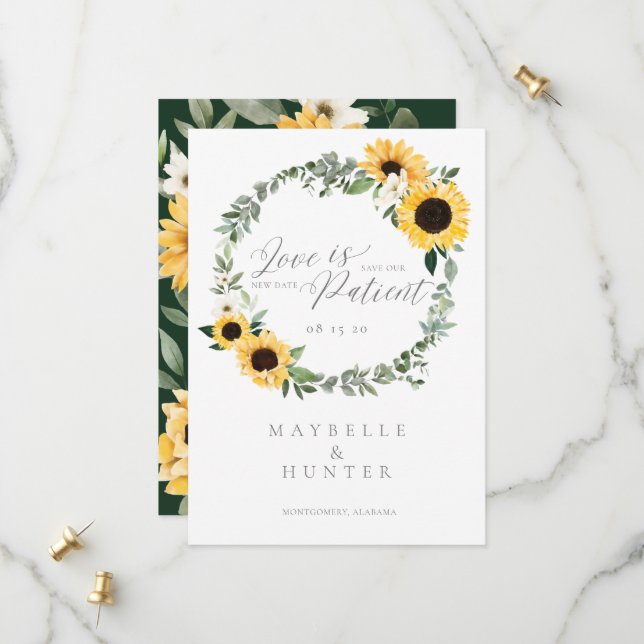 Liebe ist Gelbfärbung des Sonnenblumenkranzes des  Save The Date (Vorderseite/Rückseite Beispiel)