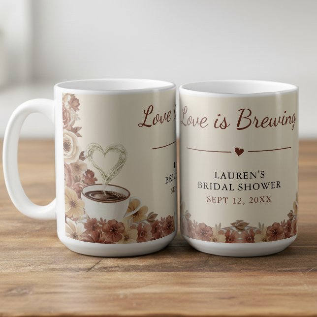 Liebe ist im Anflug Braune Florale Herz-Brautparty Kaffeetasse (Love is Brewing Brown Floral Heart Bridal Shower Coffee Mug
)