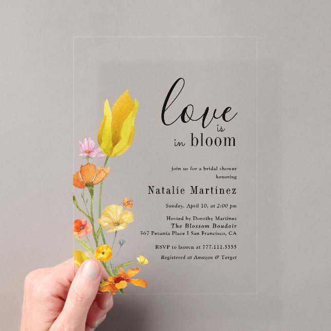 Liebe ist im Brautparty der Bloom Spring Wildblume Acryleinladungen (Insitu (Handheld))