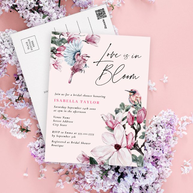 Liebe ist im Haushalt Brautparty für Blumenvögel Einladungspostkarte (Von Creator hochgeladen)