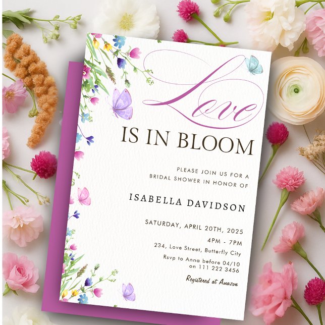 Liebe ist in Bloom Butterfly Lila Brautparty Einladung (Love is in Bloom Butterfly Purple Bridal Shower Invitation)