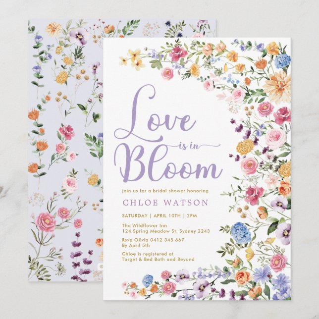 Liebe ist in Bloom | Chic Wildblume Brautparty Einladung (Vorne/Hinten)