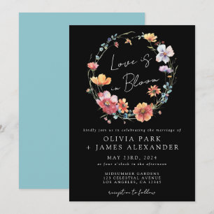 Liebe ist in Bloom Floral Wreath Black Wedding Einladung