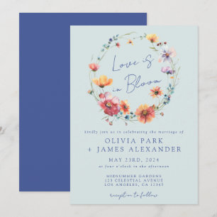 Liebe ist in Bloom Floral Wreath Blue Wedding Einladung