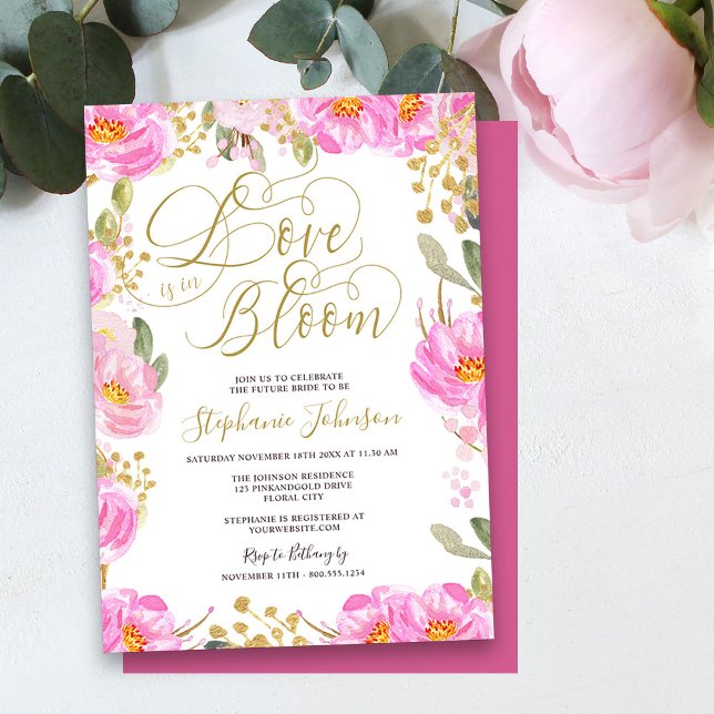 Liebe ist in Bloom Pink Gold Floral Brautparty Einladung (Love is in Bloom pretty pink and gold floral bridal shower invitation)