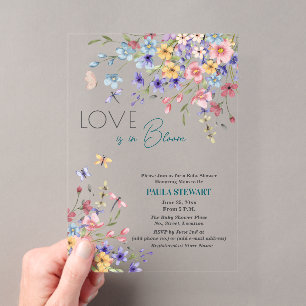 Liebe ist in Blüte Libellen Blaue Babyparty Acryleinladungen