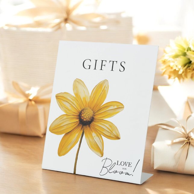 Liebe ist in der Blüte minimales blumengeschmückte Sockelschild (beatiful love is in bloom bridal shower tavle sign with a yellow flower, modern elegance)