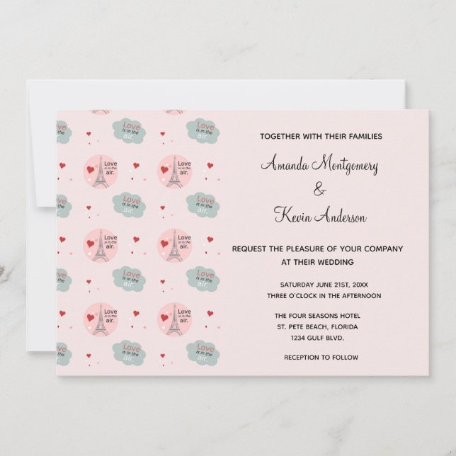 Liebe ist in der Luft Eiffelturm und Hearts Weddin Einladung (Vorderseite)