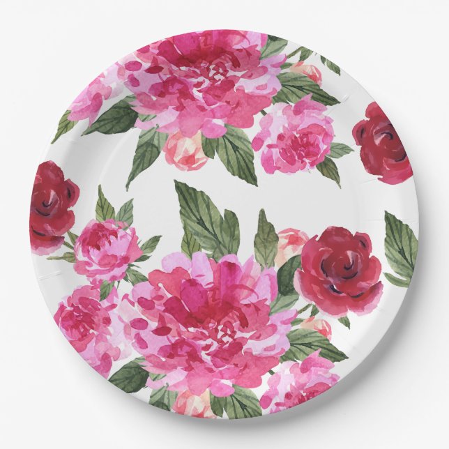 Liebe ist in der Luft rosa blumengeschmücktes Brau Pappteller (Vorderseite)