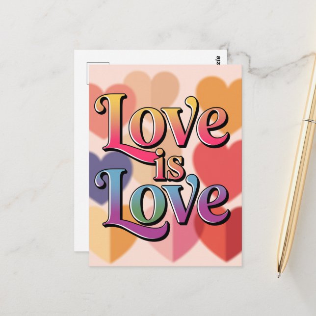 Liebe ist Liebe Farbenfrohe Herzen Typografie Postkarte (Vorderseite/Rückseite Beispiel)