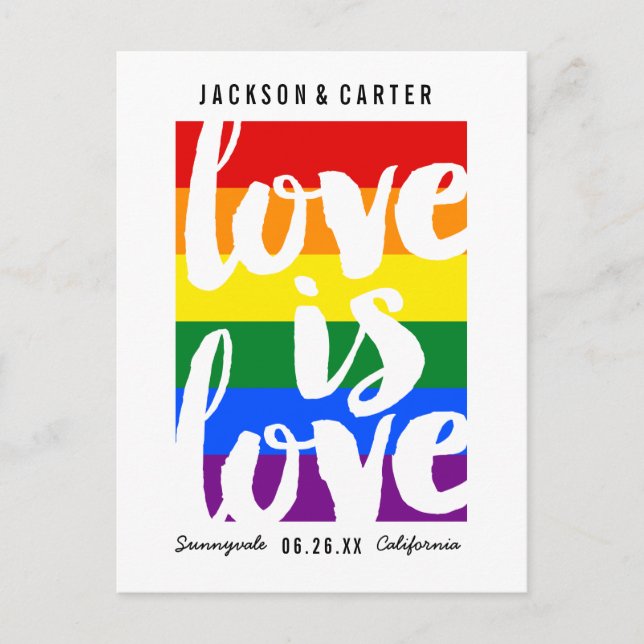 Liebe ist Liebe Gay Pride Flag Save the Date Ankündigungspostkarte (Vorderseite)