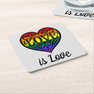 Liebe ist Liebe LGBTQ Rainbow Herzkarte Rechteckiger Pappuntersetzer
