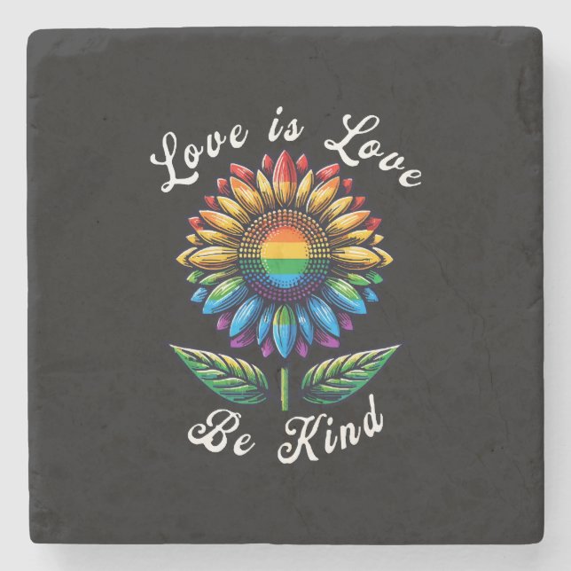 Liebe ist Liebe Regenbogen Sonnenblumen LGBT+ schw Steinuntersetzer (Vorderseite)