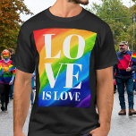 Liebe ist Liebe-Regenbogen-Stolz T-Shirt<br><div class="desc">Dieser Pride T - Shirt ist mit LIEBE IS LIEBE in fett-weißen Buchstaben auf einem Aquarelluntergrund aus Rot, Orange, Gelb, Grün, Blau und lila. Original Wasserfarbe © Michele Davies.</div>