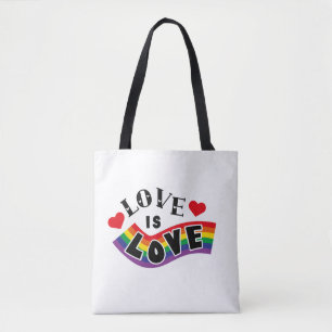 Liebe ist Liebe Regenbogenband-Typografie mit Herz Tasche