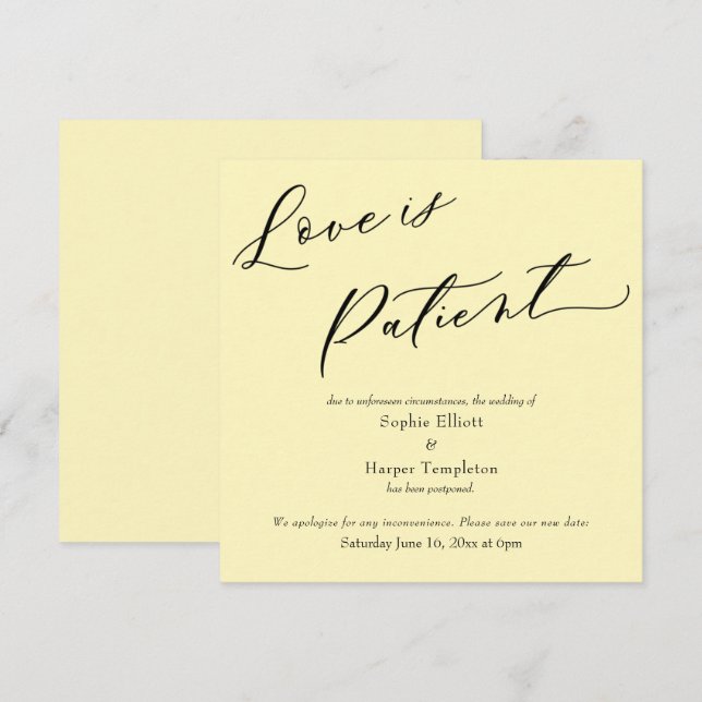 Liebe ist Patient blassgelbe verspätete Hochzeitsk Einladung (Vorne/Hinten)