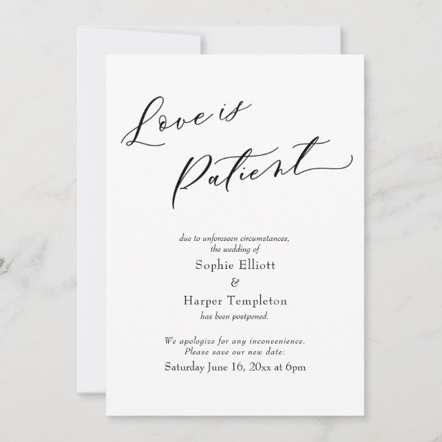 Liebe ist Patient Einfache verspätete Hochzeitkart Einladung (Vorderseite)