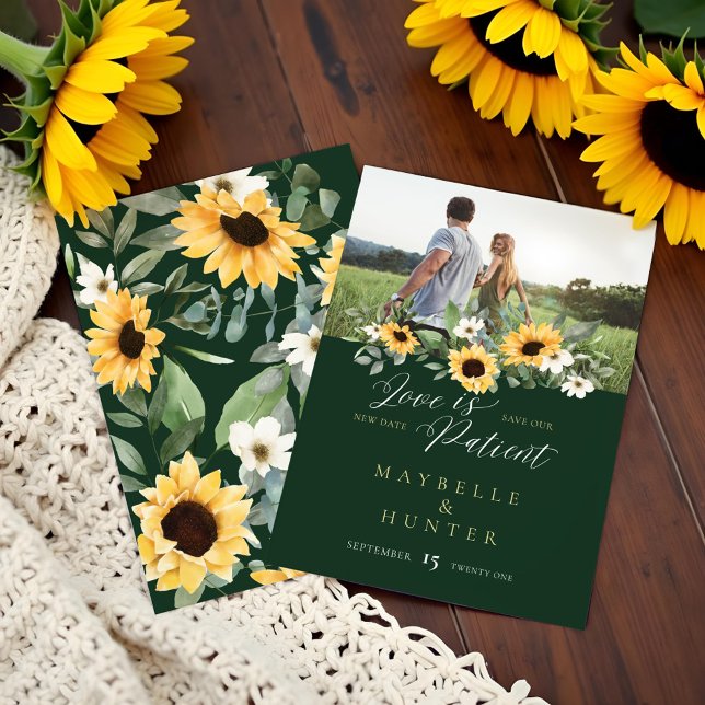 Liebe ist Patient Gelbes Aquarell Sonnenblumen Fot Save The Date (Love is Patient Yellow Watercolor Sunflowers Photo Save The Date)