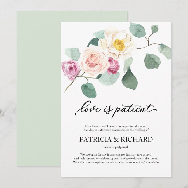 Liebe ist Patient Hochzeit Nachponement Eukalyptus Einladung (Vorne/Hinten)