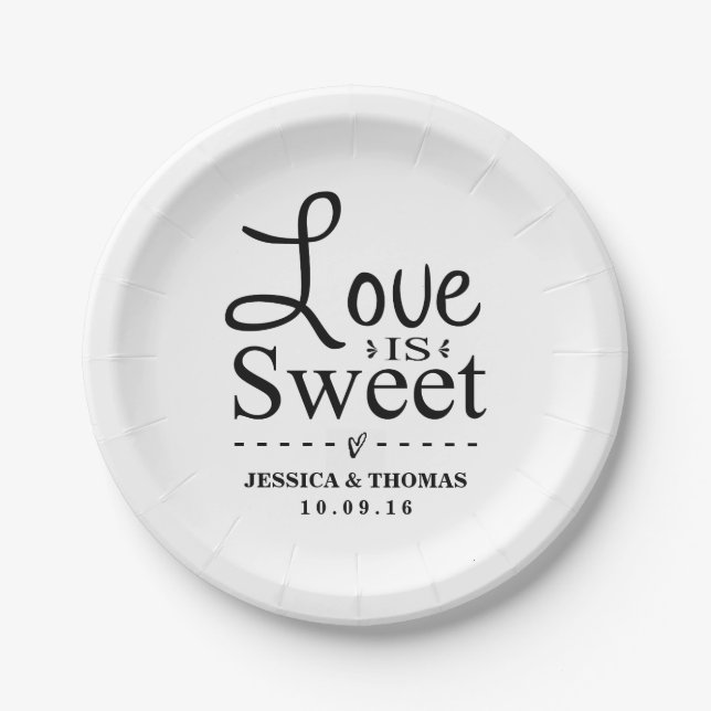 Liebe ist süß! Custom Black & White Wedding Pappteller (Vorderseite)