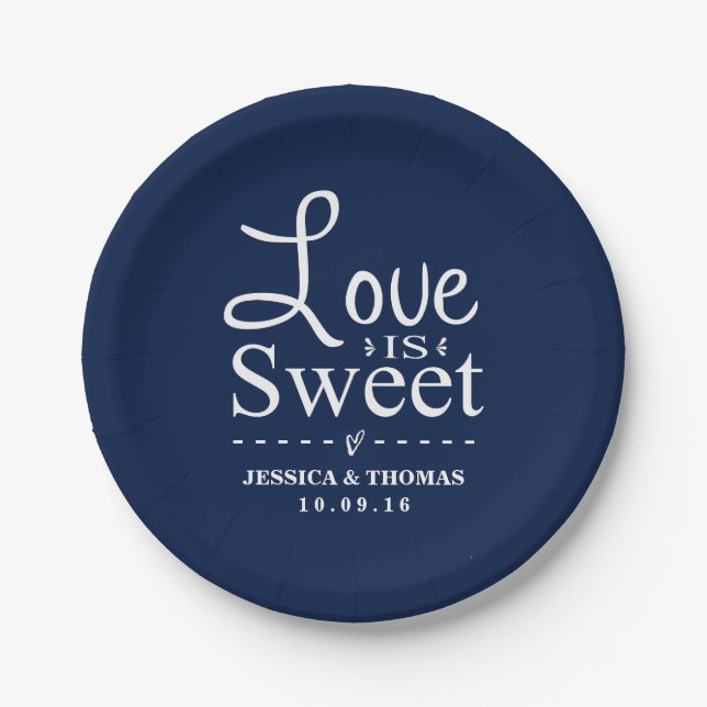Liebe ist süß! Custom Navy Blue Wedding Pappteller (Vorderseite)