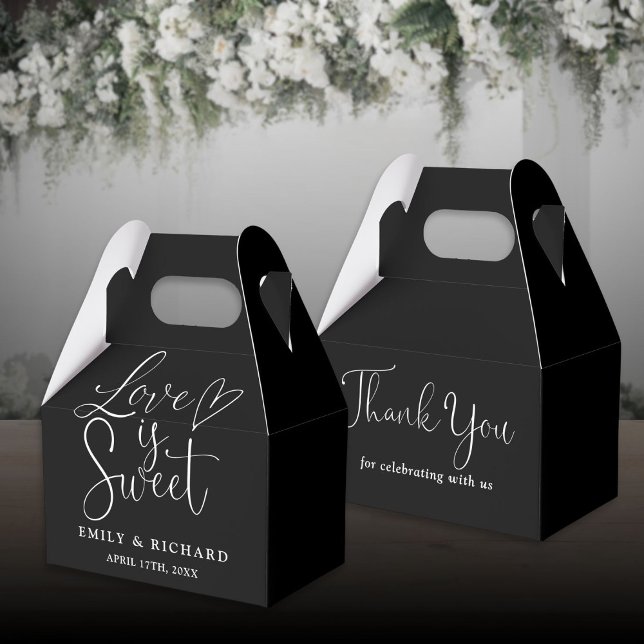Liebe ist süß-elegante Schwarz-Weiß-Hochzeit Geschenkschachtel (Love Is Sweet Elegant Black And White Wedding Favor Boxes)