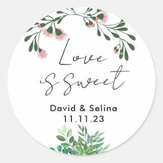 Liebe ist süß mit Blume und Blätter Hochzeit Runder Aufkleber