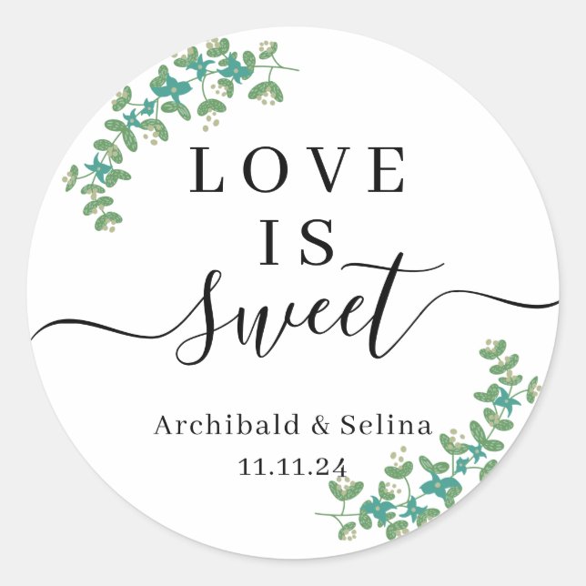 Liebe ist süß mit symmetrischen Blätter Hochzeit Runder Aufkleber (Vorderseite)