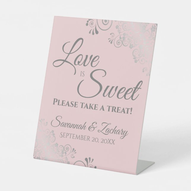 Liebe ist süß Nehmen Sie eine Leckerei Rosa & Grau Sockelschild (Vorderseite)