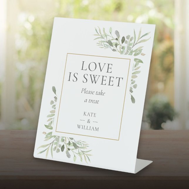 Liebe ist süße Günstlingsgrüne Hochzeit Sockelschild (Love Is Sweet Favor Greenery Wedding Pedestal Sign)