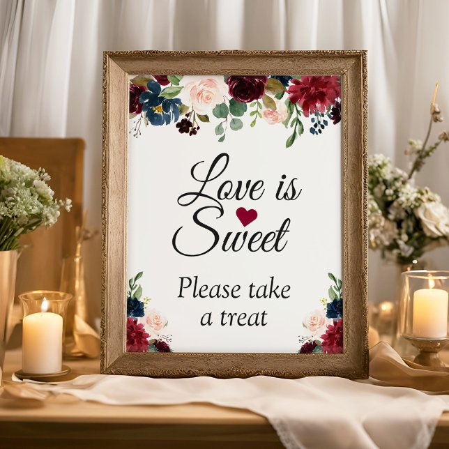 Liebe ist Sweet Burgundy Blush Blue Floral Sign Poster (Von Creator hochgeladen)