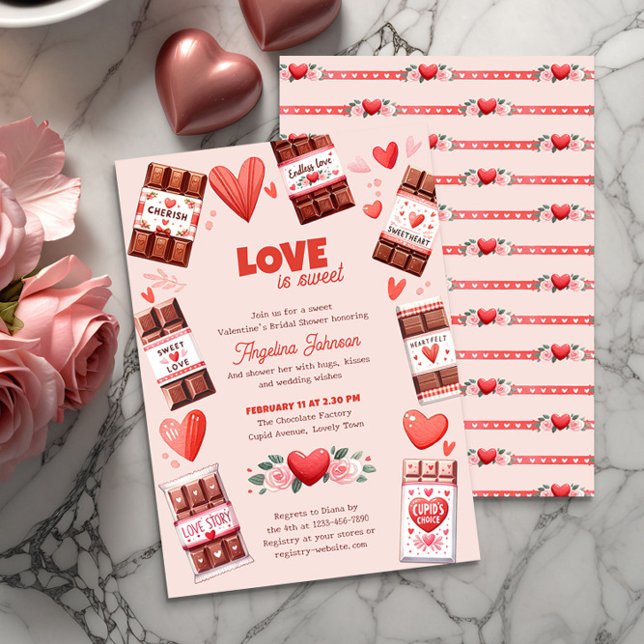 Liebe ist Sweet Chocolate und Hearts Brautparty Einladung (Bridal Shower invitation from the Valentines Bridal Shower Invitation collection by Darling & May)