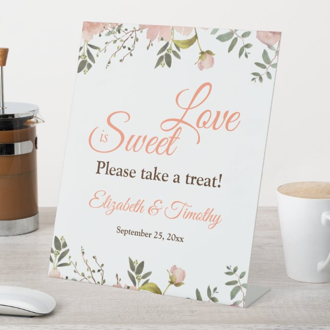 Liebe ist Sweet Coral Peach Boho Bloral Wedding Sockelschild (In Situ)