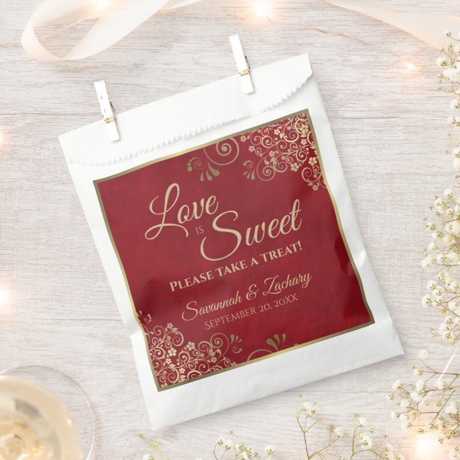 Liebe ist Sweet Crimson Red & Gold Lace Wedding Geschenktütchen (Ausgeschnitten)