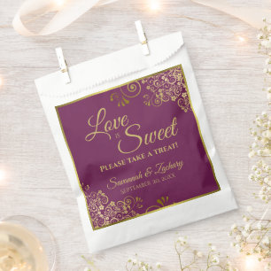 Liebe ist Sweet Magenta Plum & Gold Lace Wedding Geschenktütchen