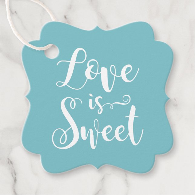 Liebe ist Sweet Modern Aqua Script Hochzeit Foto Geschenkanhänger (Vorderseite)
