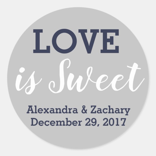 Liebe ist Sweet Navy Blue Silver Wedding Verlobung Runder Aufkleber (Vorderseite)