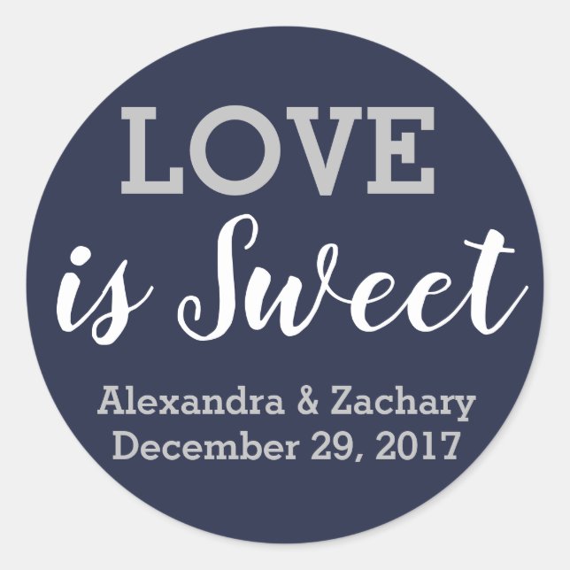 Liebe ist Sweet Navy Blue Silver Wedding Verlobung Runder Aufkleber (Vorderseite)