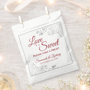 Liebe ist Sweet Silver Lace & Red Script Wedding Geschenktütchen