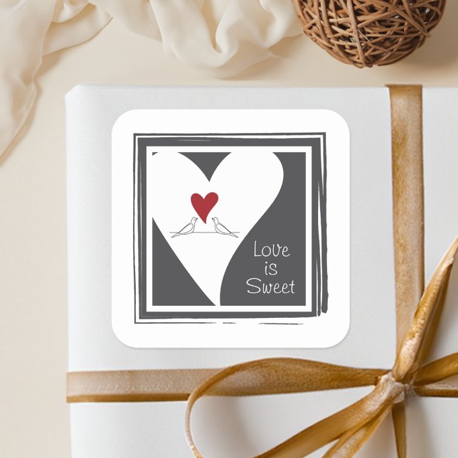 Liebe ist Sweet Simple Modern Love Birds Red Heart Quadratischer Aufkleber (Von Creator hochgeladen)