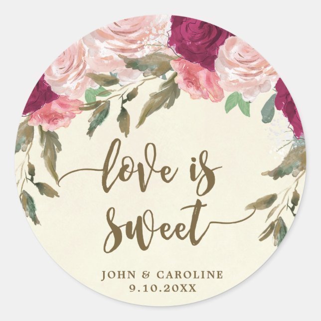 Liebe ist zartbordeauxfarbener Hochzeitsticker Runder Aufkleber (Vorderseite)
