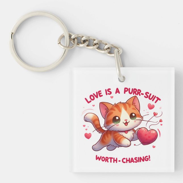 Liebe Jagd Glück Katze Inspiriert Valentine Schlüsselanhänger (Vorderseite)