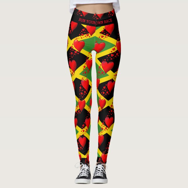 LIEBE JAMAICA Flag Red Hearts führen Ihre RACE Cus Leggings (Vorderseite)