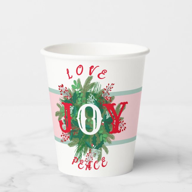 Liebe JOY Peace Holiday eleganter Kranz mit grünem Pappbecher (Vorderseite)