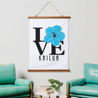 LIEBE Kailua Blue Hibiskus Wandteppich Mit Holzrahmen