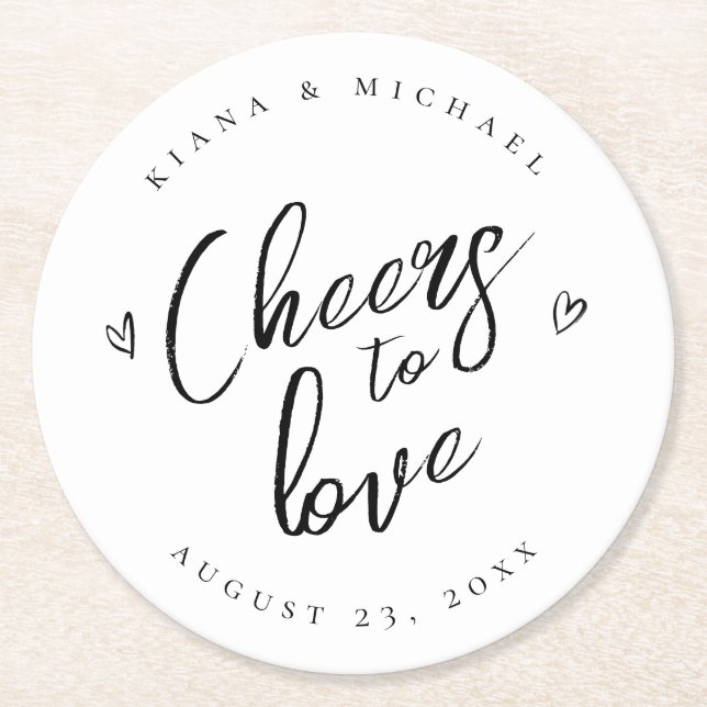 Liebe Kalligrafie Cheers Hearts Black B&W ID940 Runder Pappuntersetzer (Vorderseite)